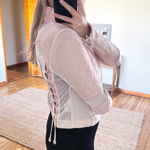 Blanc Noir Light Pink Leather Mesh Bohemian Lace Up Back Full Zip Moto Jacket L - Picture 2 of 14